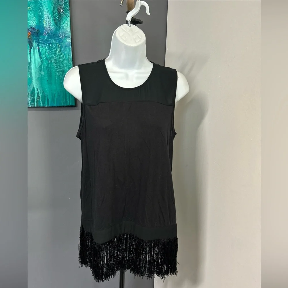 J CREW Top Womens Small‎ Black Sleeveless Tank Fringe Hem Zip Back Cotton